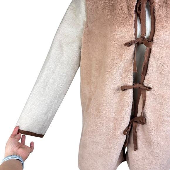 Madewell Brown Beige Colorblock Faux Mink Fur Long Length Ribbon Tie Jacket - Picture 9 of 16